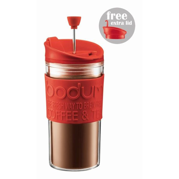 BODUM TRAVEL PRESS SET COFFEE MAKER WITH EXTRA LID, 0.35 L, 12 OZ - RED