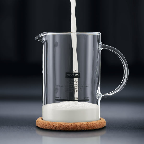 BODUM LATTE MILK FROTHER WITH GLASS HANDLE, 0.25L, 8OZ - BLACK