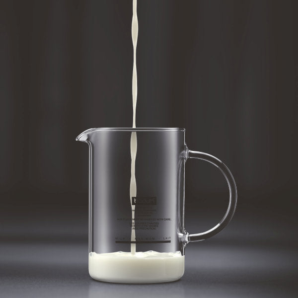 BODUM LATTE MILK FROTHER WITH GLASS HANDLE, 0.25L, 8OZ - BLACK