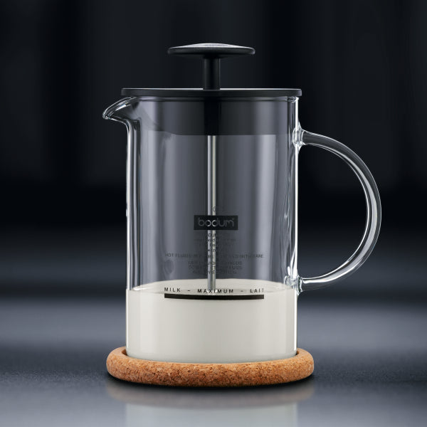 BODUM LATTE MILK FROTHER WITH GLASS HANDLE, 0.25L, 8OZ - BLACK