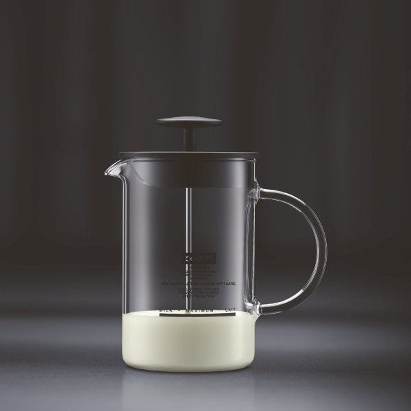 BODUM LATTE MILK FROTHER WITH GLASS HANDLE, 0.25L, 8OZ - BLACK