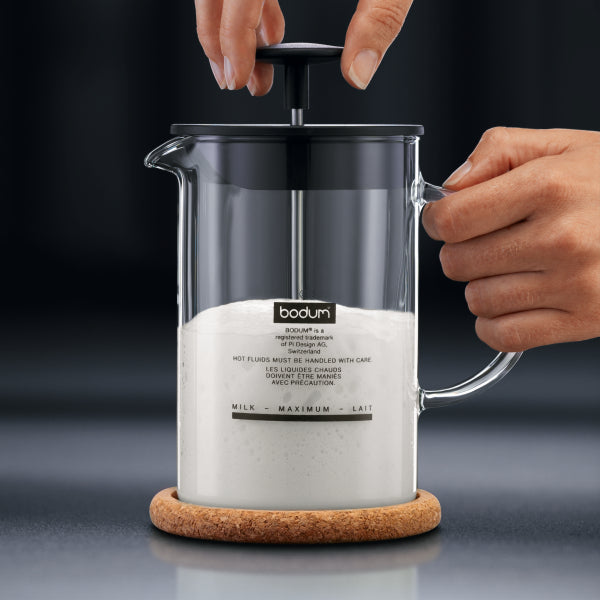 BODUM LATTE MILK FROTHER WITH GLASS HANDLE, 0.25L, 8OZ - BLACK