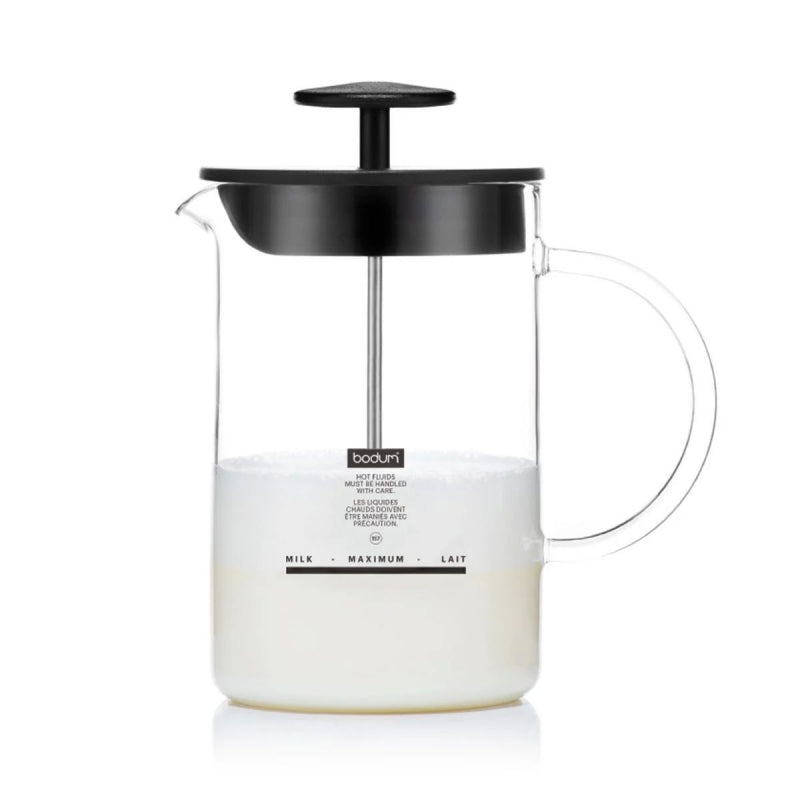 BODUM LATTE MILK FROTHER WITH GLASS HANDLE, 0.25L, 8OZ - BLACK